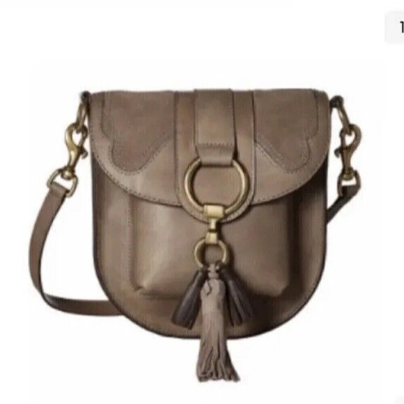 FRYE Ilana Green Gray Taupe Leather Saddle Crossbody Bag  Bohemian Casual Tassel - Picture 1 of 16